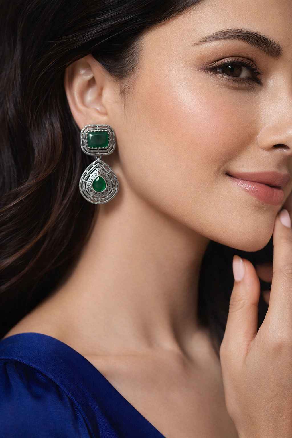 Tela Naari Silver Oxidised Dual Gem Bhumi Teardrop Earrings