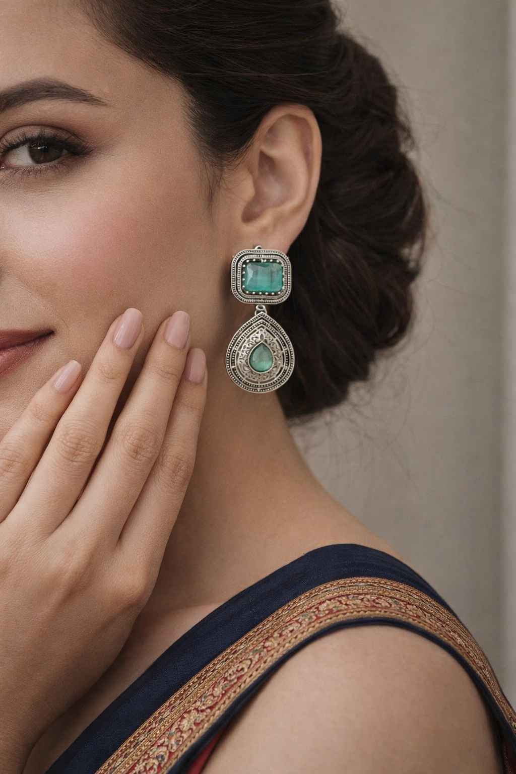 Tela Naari Silver Oxidised Dual Gem Bhumi Teardrop Earrings