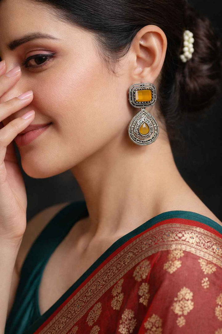 Tela Naari Silver Oxidised Dual Gem Bhumi Teardrop Earrings