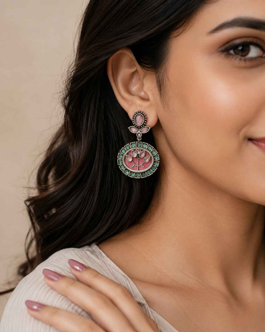 Elegant Indraja Pink Silver-Plated Earrings