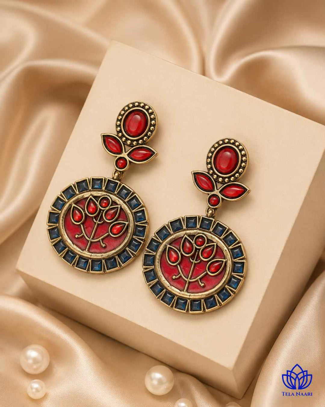 Elegant Indraja Red Blue Silver-Plated Earrings