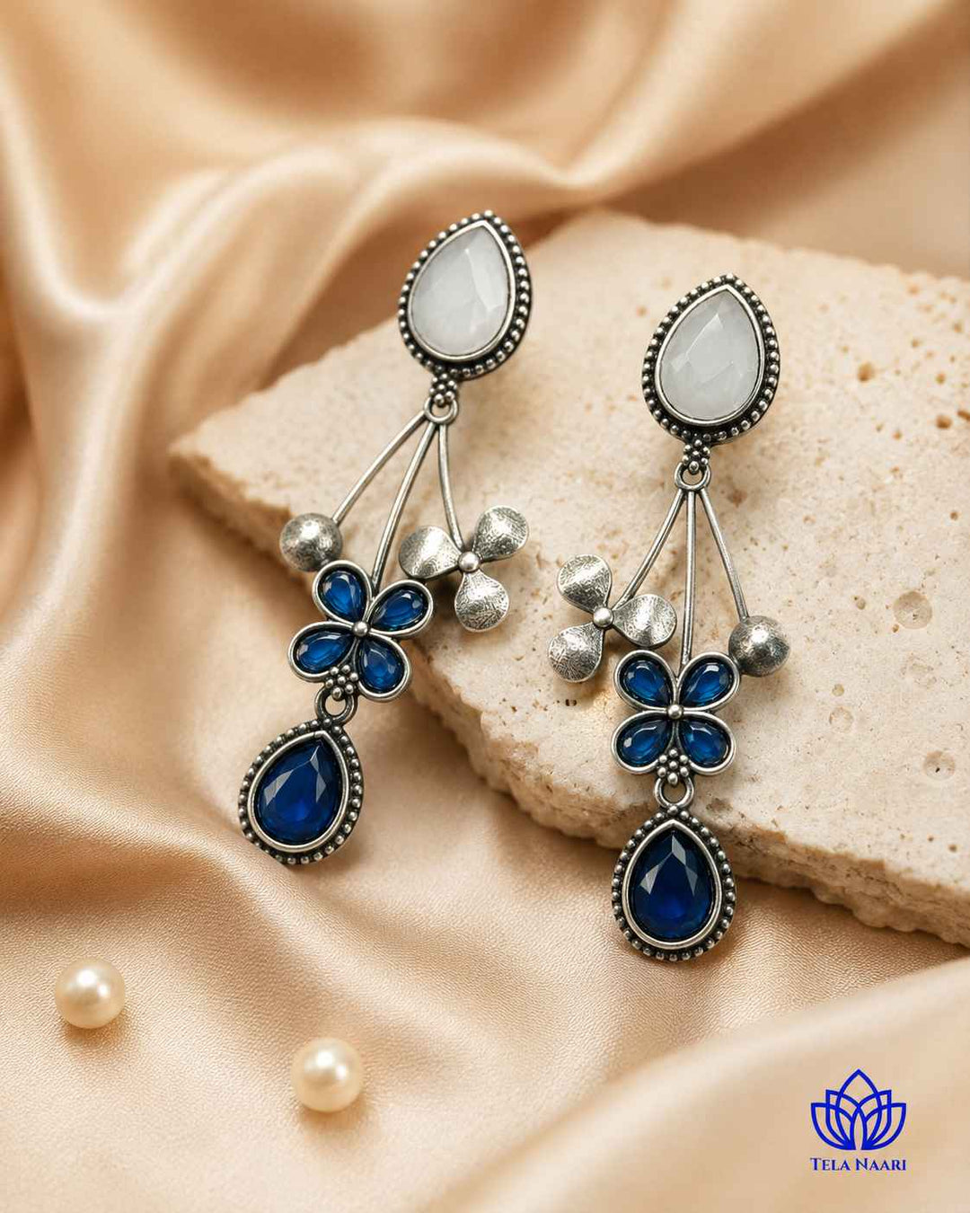Blue Ena Silver Oxidised Floral Drop Earrings