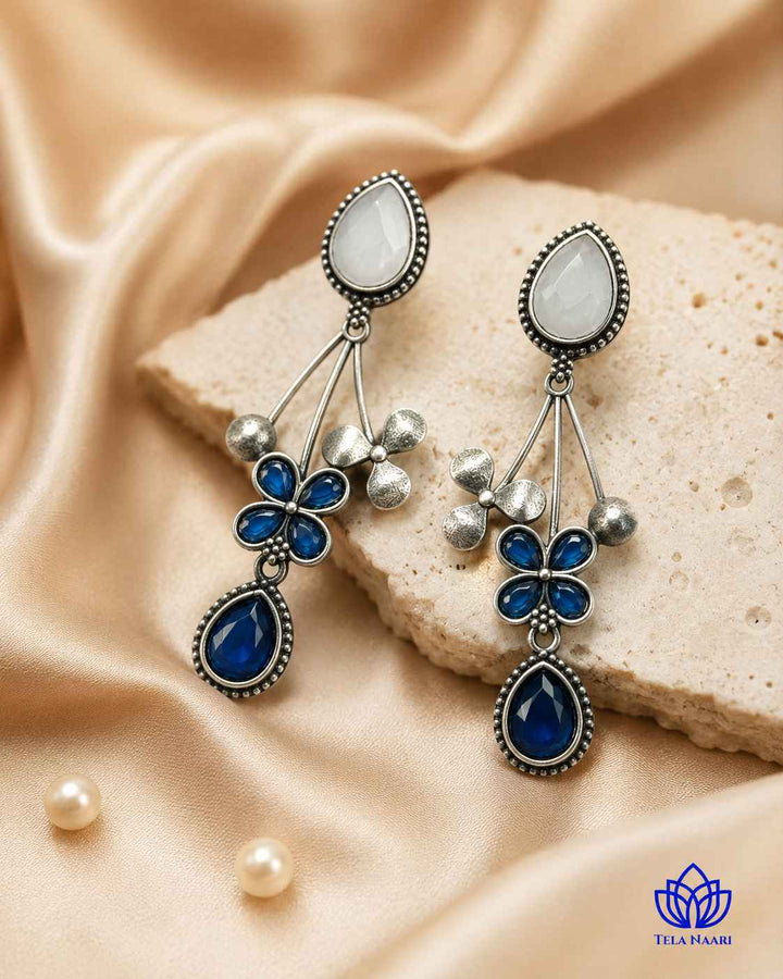 Blue Ena Silver Oxidised Floral Drop Earrings
