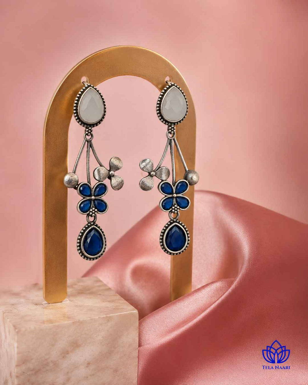 Blue Ena Silver Oxidised Floral Drop Earrings