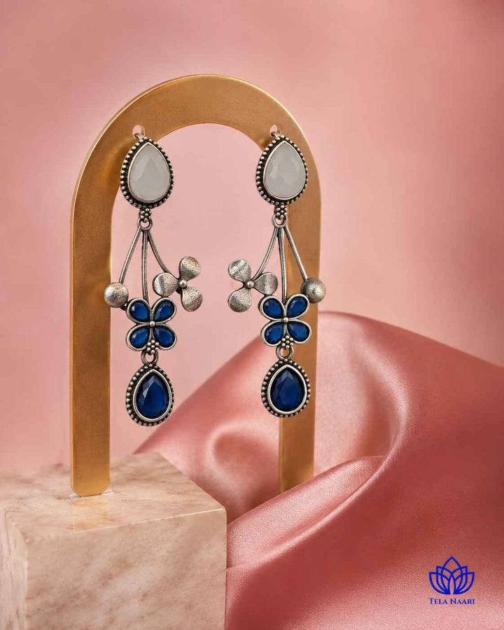 Blue Ena Silver Oxidised Floral Drop Earrings