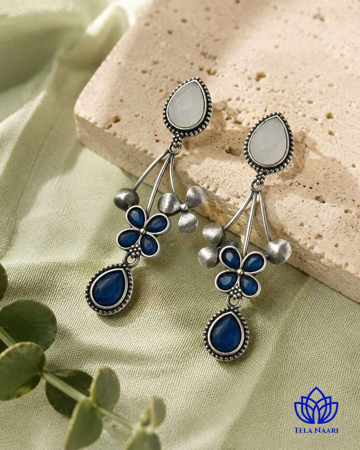 Blue Ena Silver Oxidised Floral Drop Earrings
