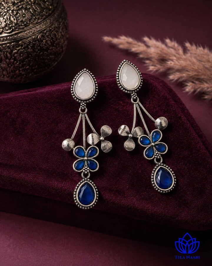 Blue Ena Silver Oxidised Floral Drop Earrings