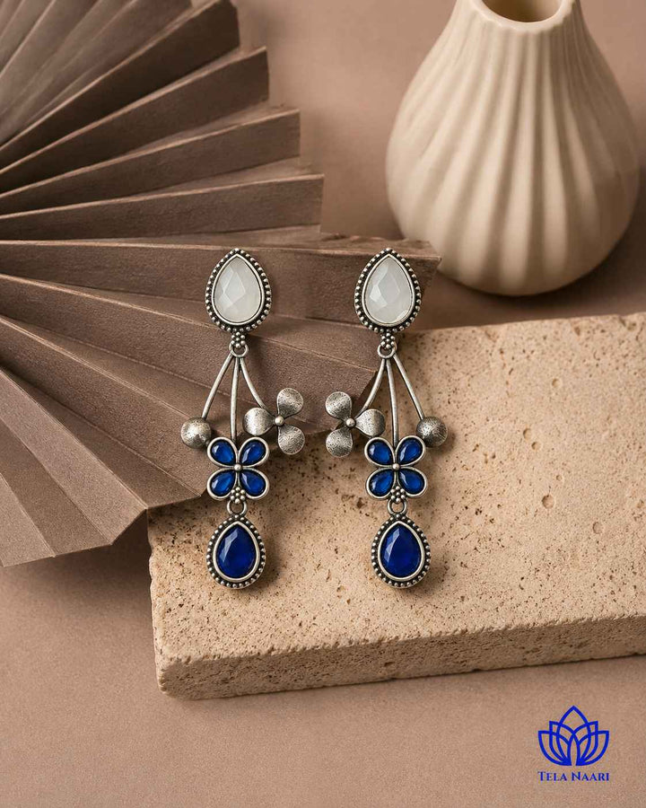 Blue Ena Silver Oxidised Floral Drop Earrings