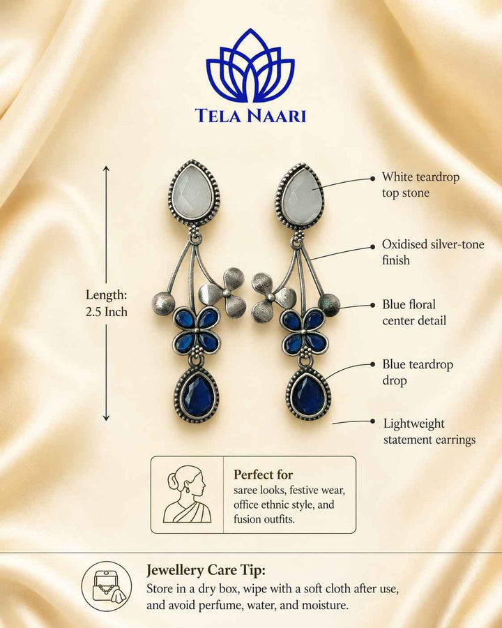 Blue Ena Silver Oxidised Floral Drop Earrings