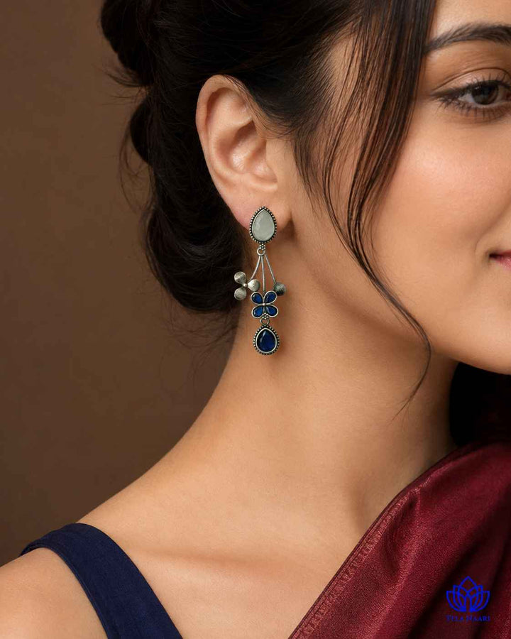 Blue Ena Silver Oxidised Floral Drop Earrings