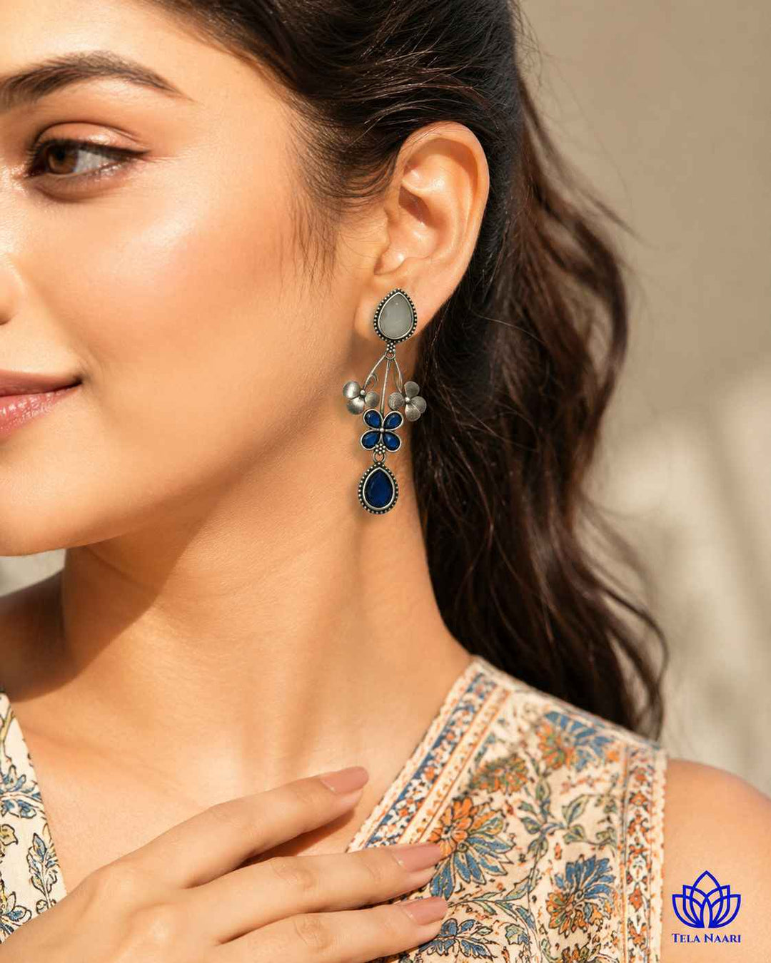 Blue Ena Silver Oxidised Floral Drop Earrings