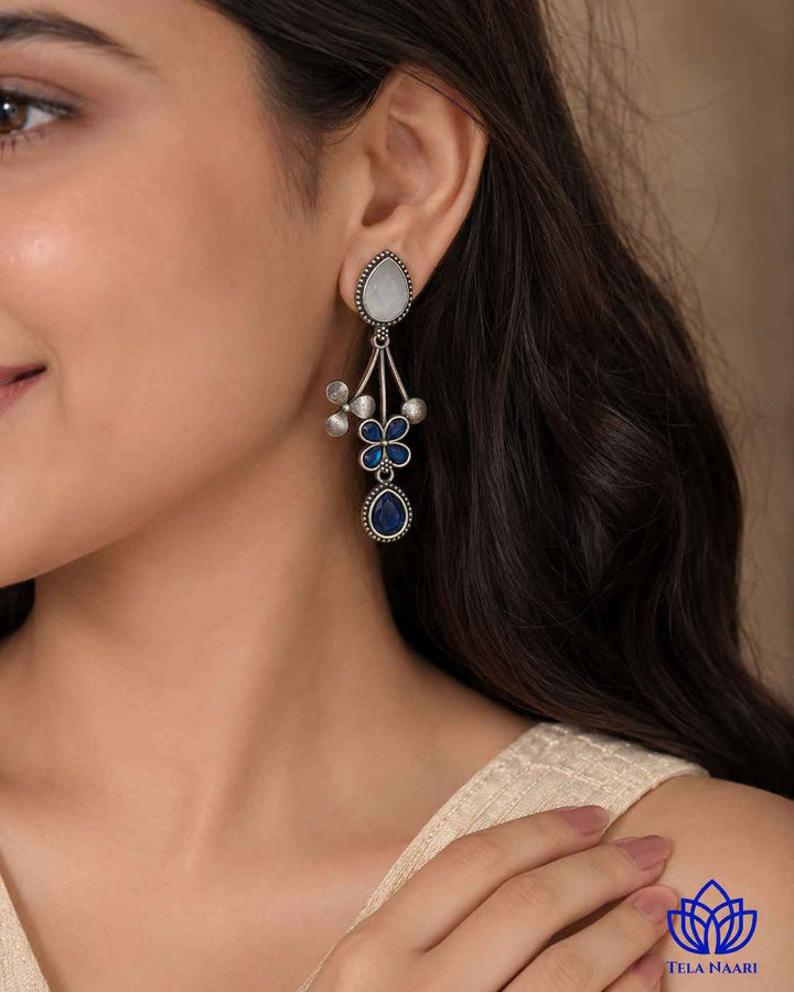 Blue Ena Silver Oxidised Floral Drop Earrings