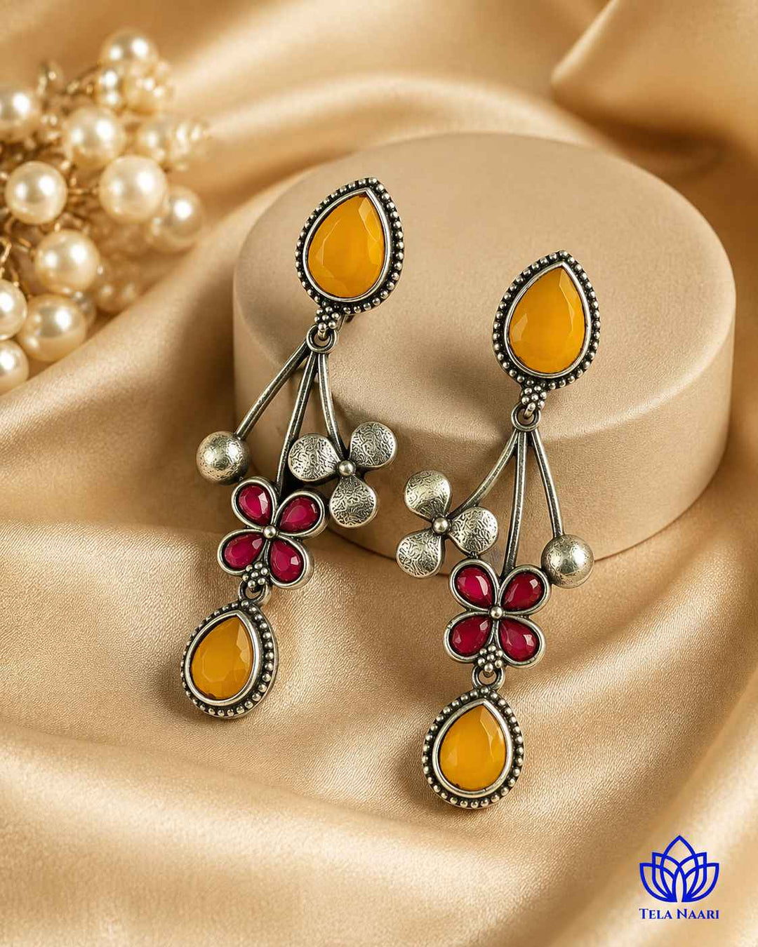 Yellow Ena Silver Oxidised Floral Drop Earrings