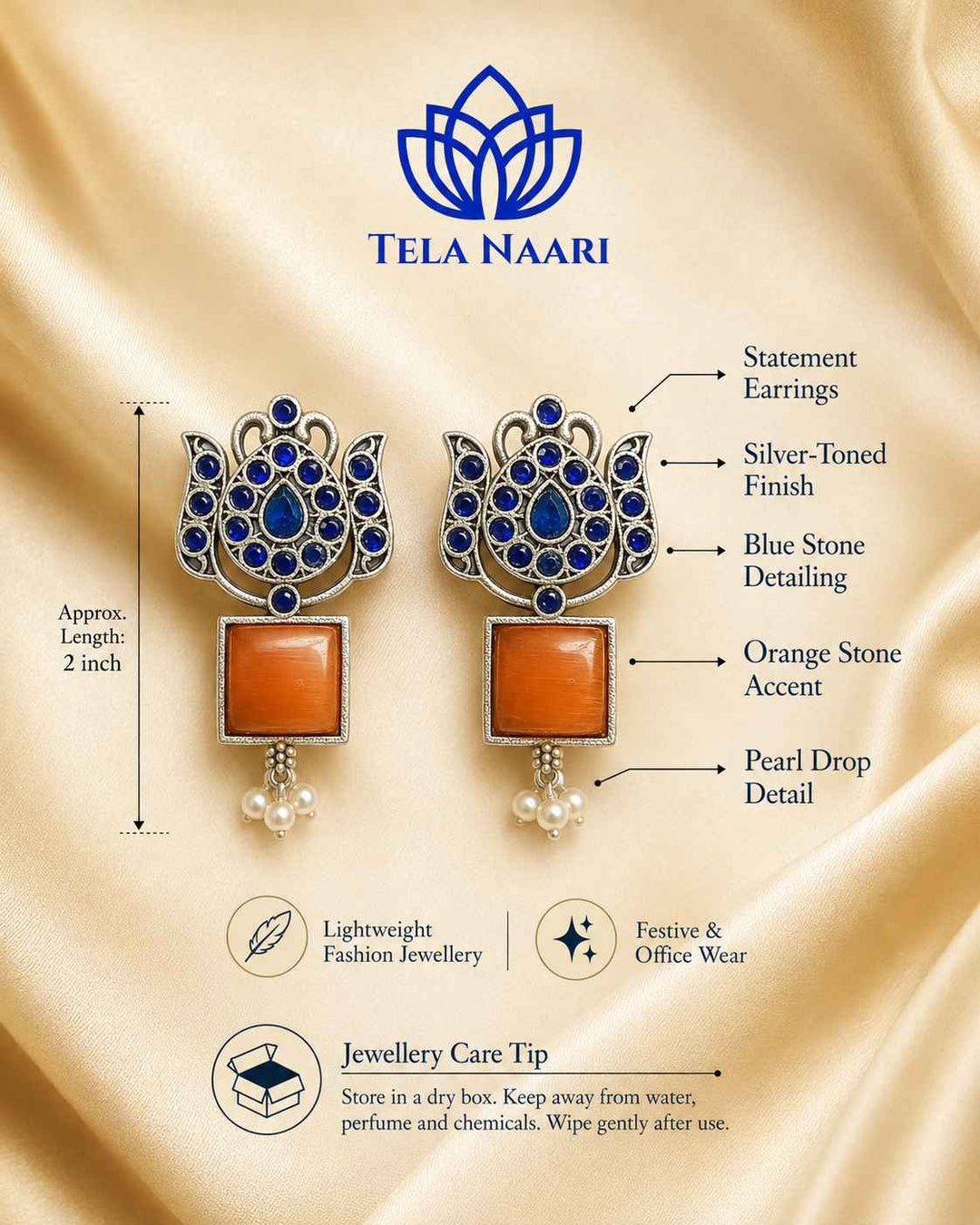Silver Oxidised Earrings Azalea Orange