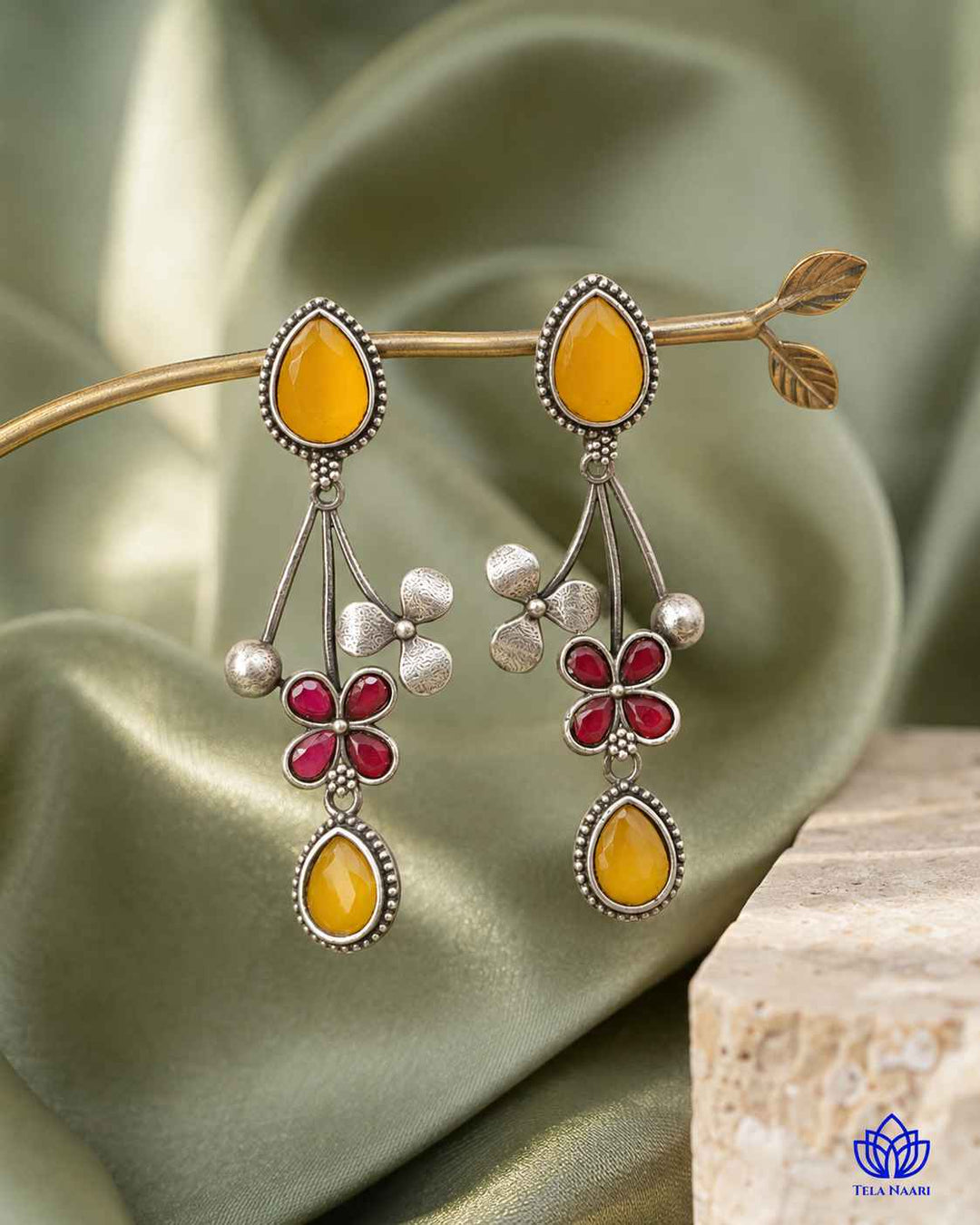 Yellow Ena Silver Oxidised Floral Drop Earrings