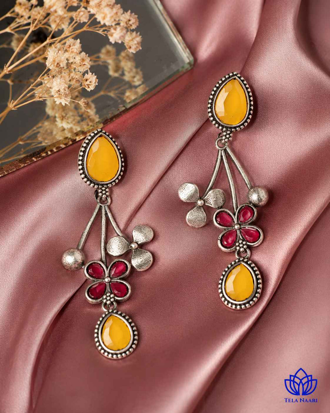 Yellow Ena Silver Oxidised Floral Drop Earrings