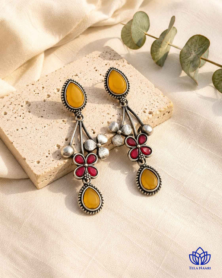 Yellow Ena Silver Oxidised Floral Drop Earrings