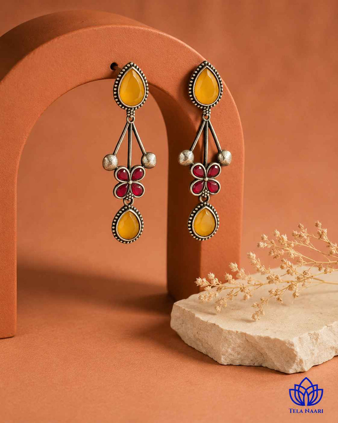 Yellow Ena Silver Oxidised Floral Drop Earrings