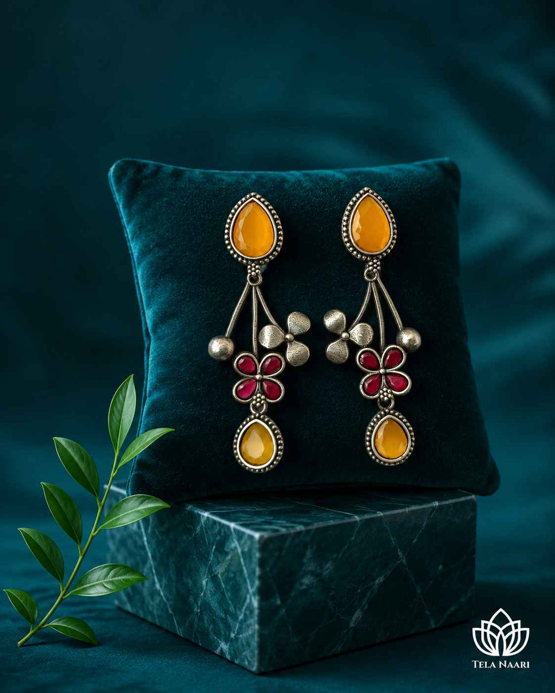 Yellow Ena Silver Oxidised Floral Drop Earrings