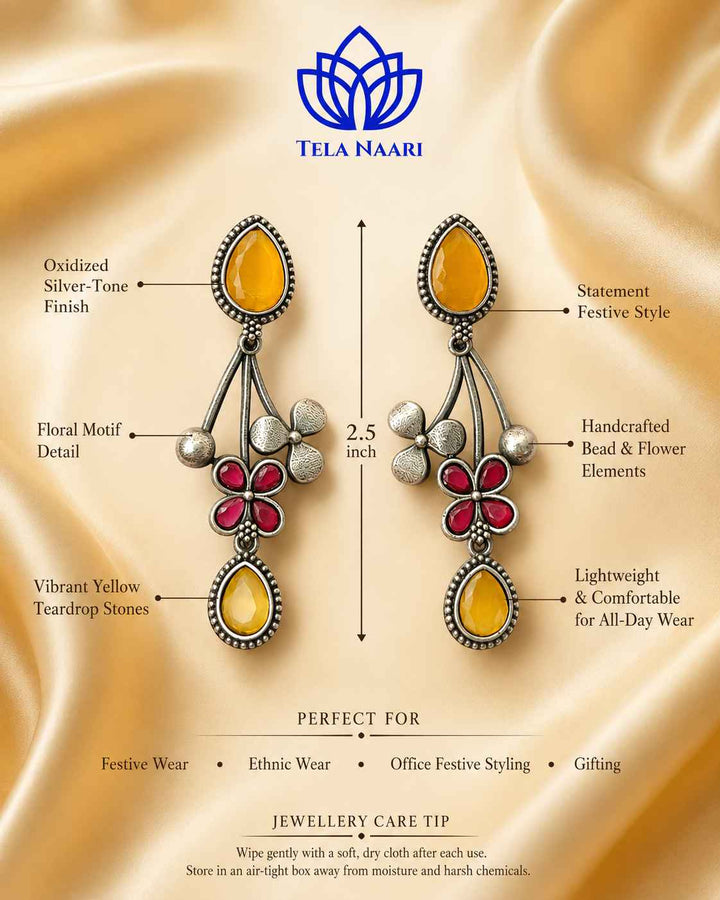 Yellow Ena Silver Oxidised Floral Drop Earrings