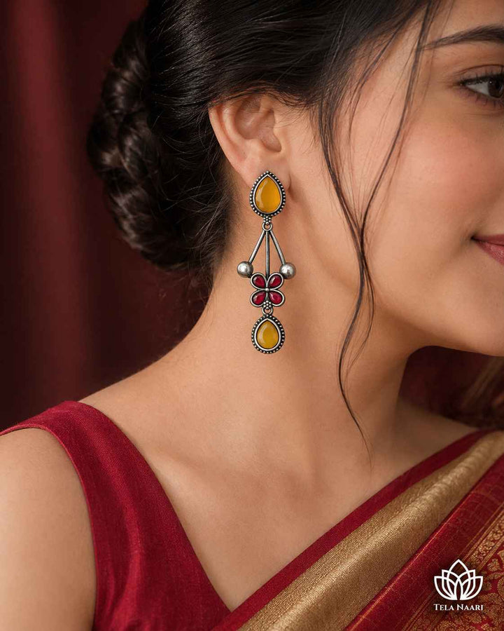 Yellow Ena Silver Oxidised Floral Drop Earrings