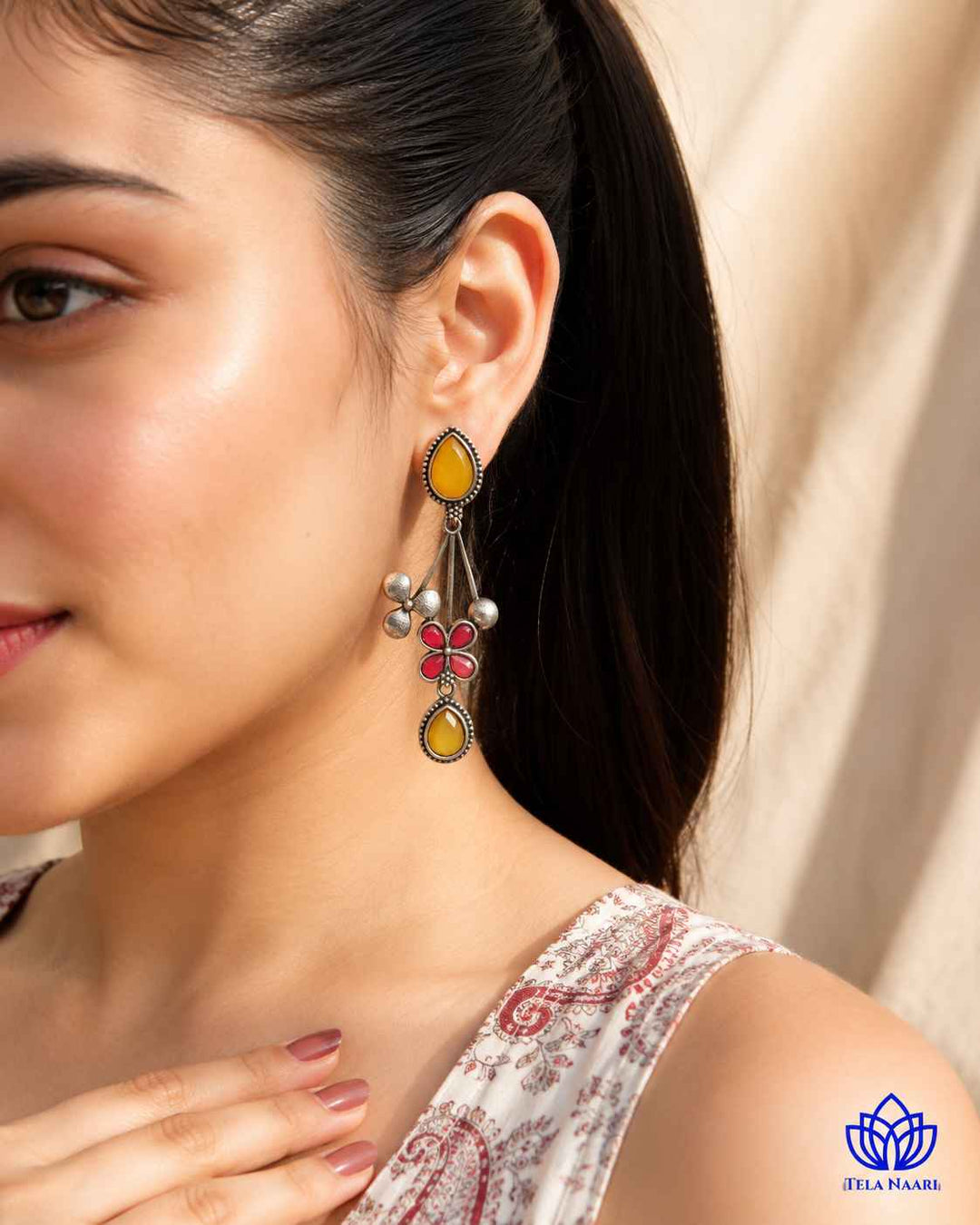 Yellow Ena Silver Oxidised Floral Drop Earrings