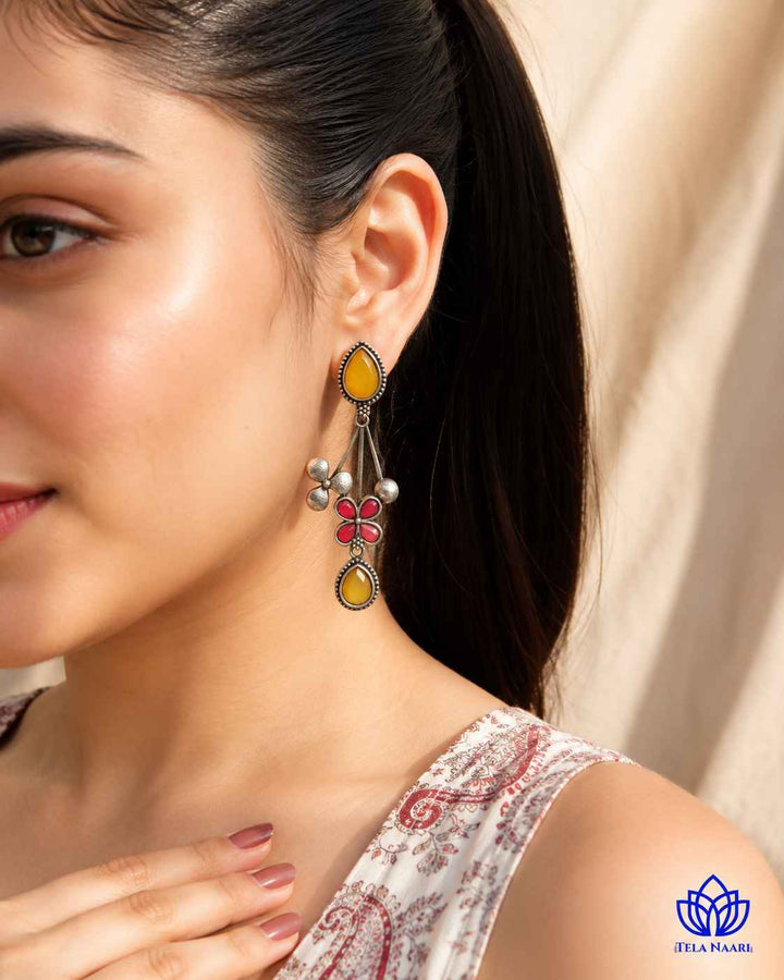 Yellow Ena Silver Oxidised Floral Drop Earrings