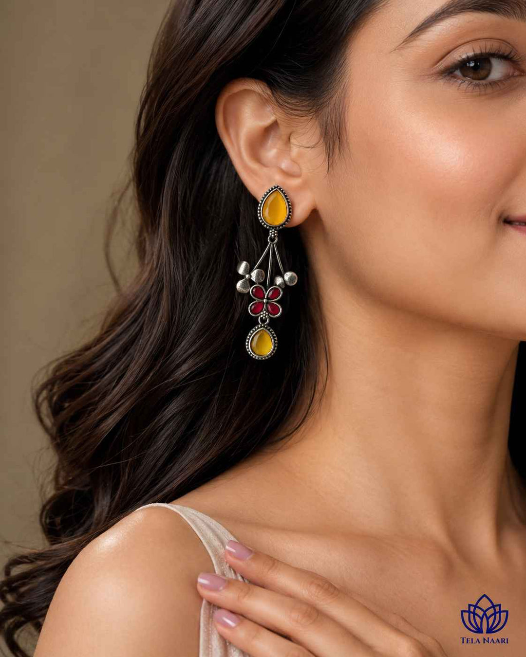Yellow Ena Silver Oxidised Floral Drop Earrings