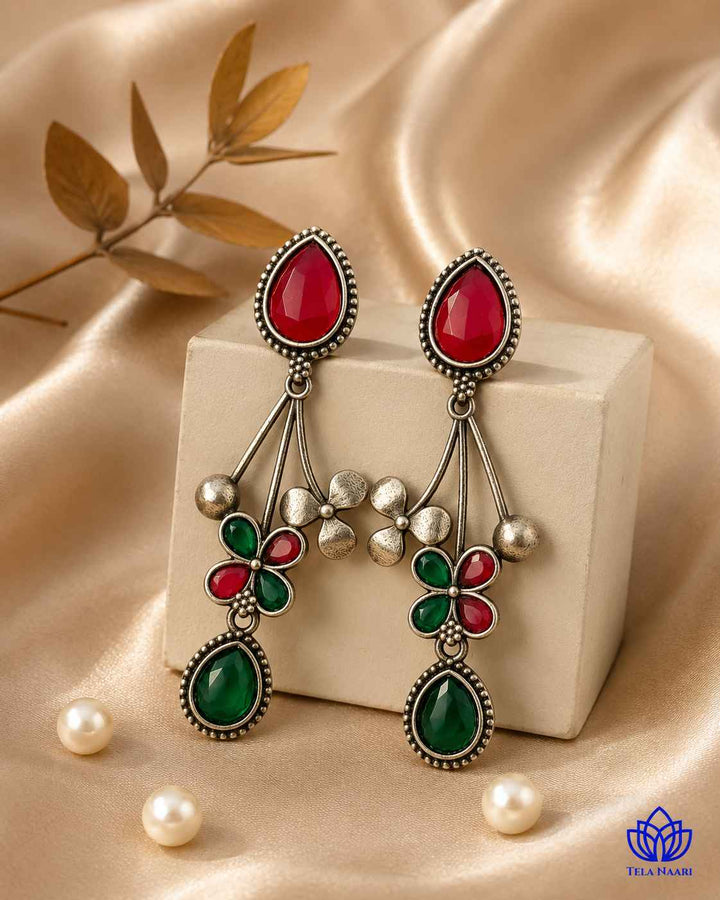 Red Green Ena Silver Oxidised Floral Drop Earrings