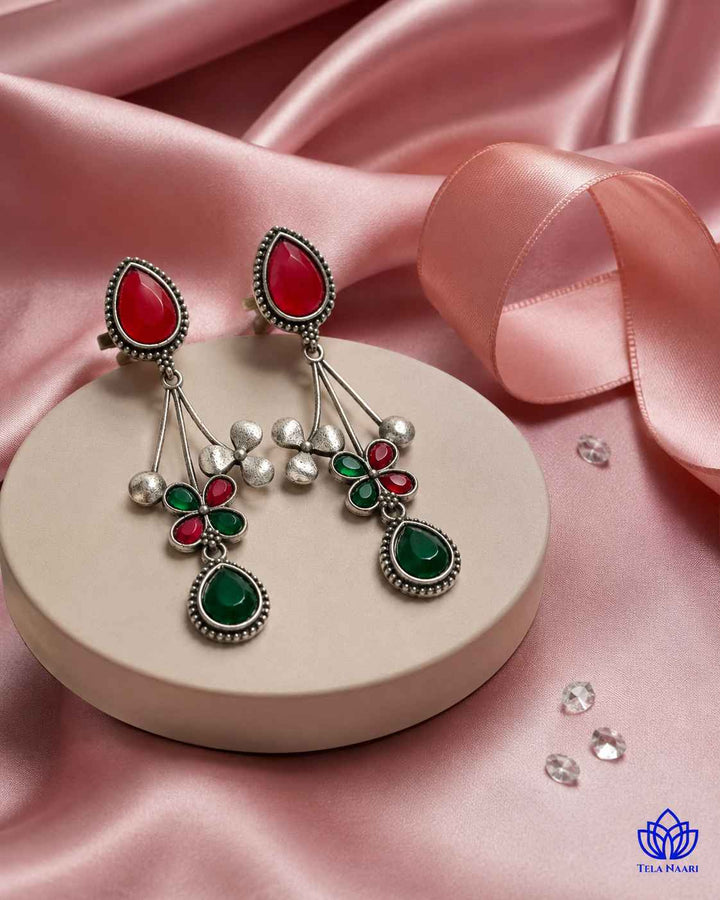 Red Green Ena Silver Oxidised Floral Drop Earrings