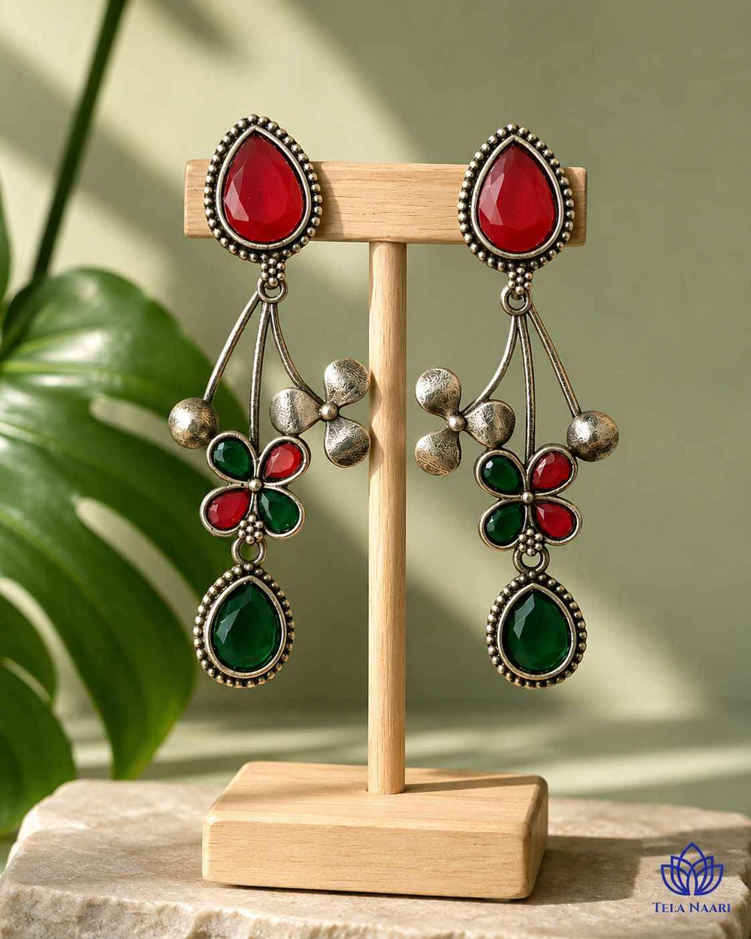 Red Green Ena Silver Oxidised Floral Drop Earrings