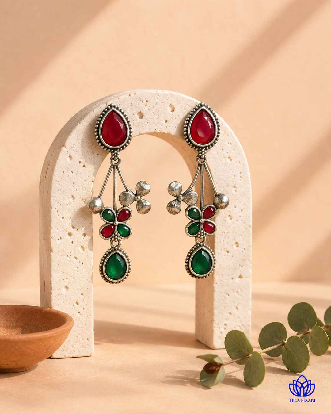 Red Green Ena Silver Oxidised Floral Drop Earrings