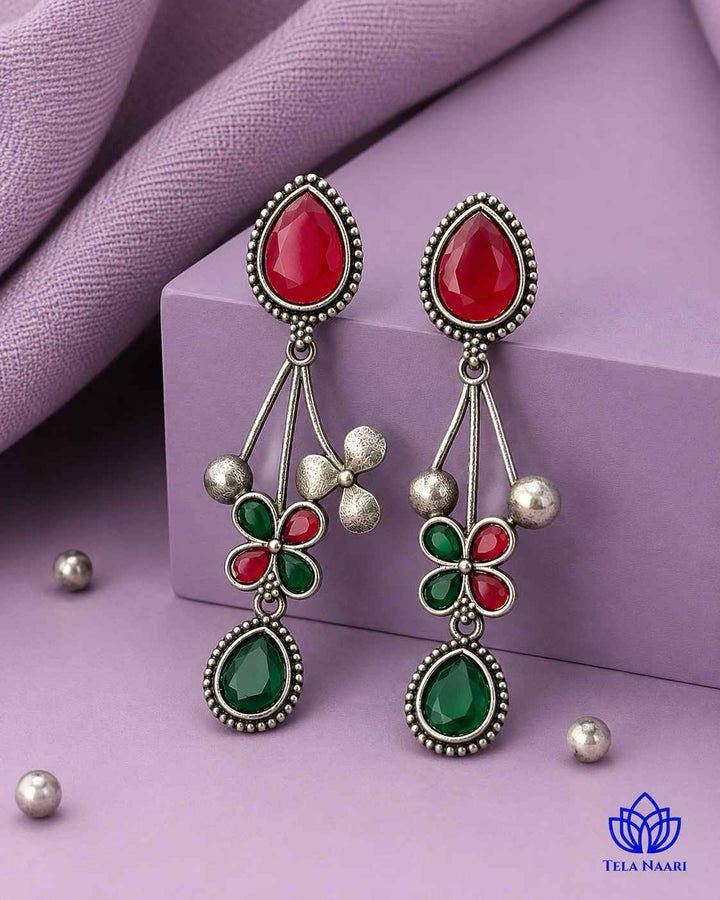 Red Green Ena Silver Oxidised Floral Drop Earrings