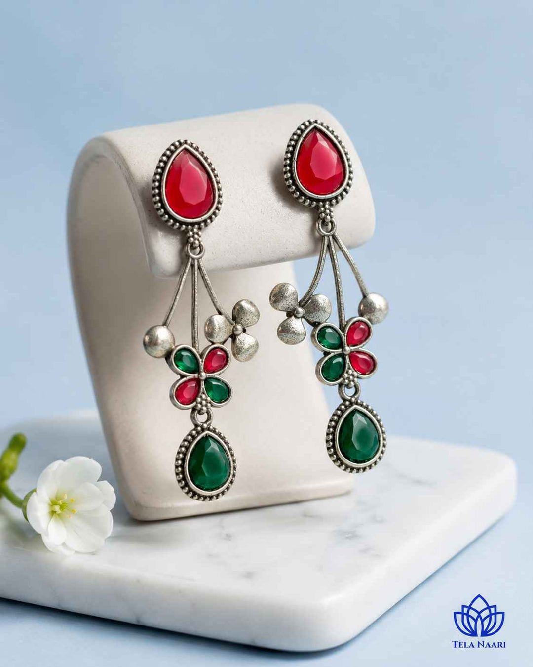 Red Green Ena Silver Oxidised Floral Drop Earrings