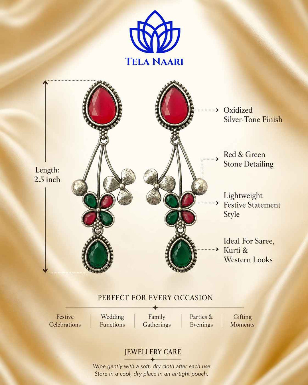 Red Green Ena Silver Oxidised Floral Drop Earrings