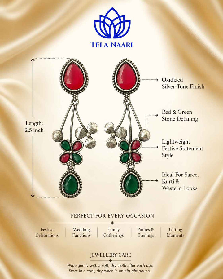 Red Green Ena Silver Oxidised Floral Drop Earrings