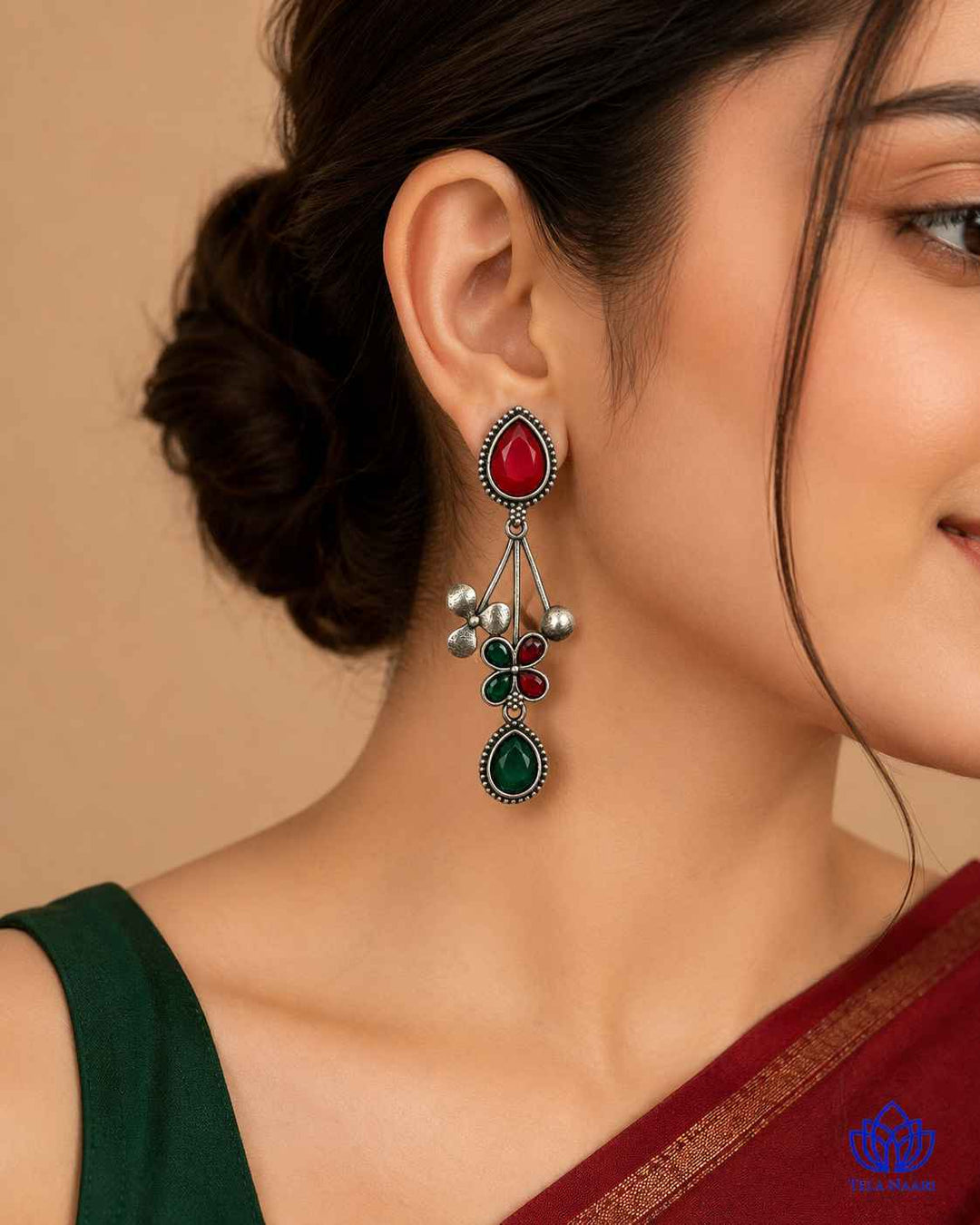 Red Green Ena Silver Oxidised Floral Drop Earrings
