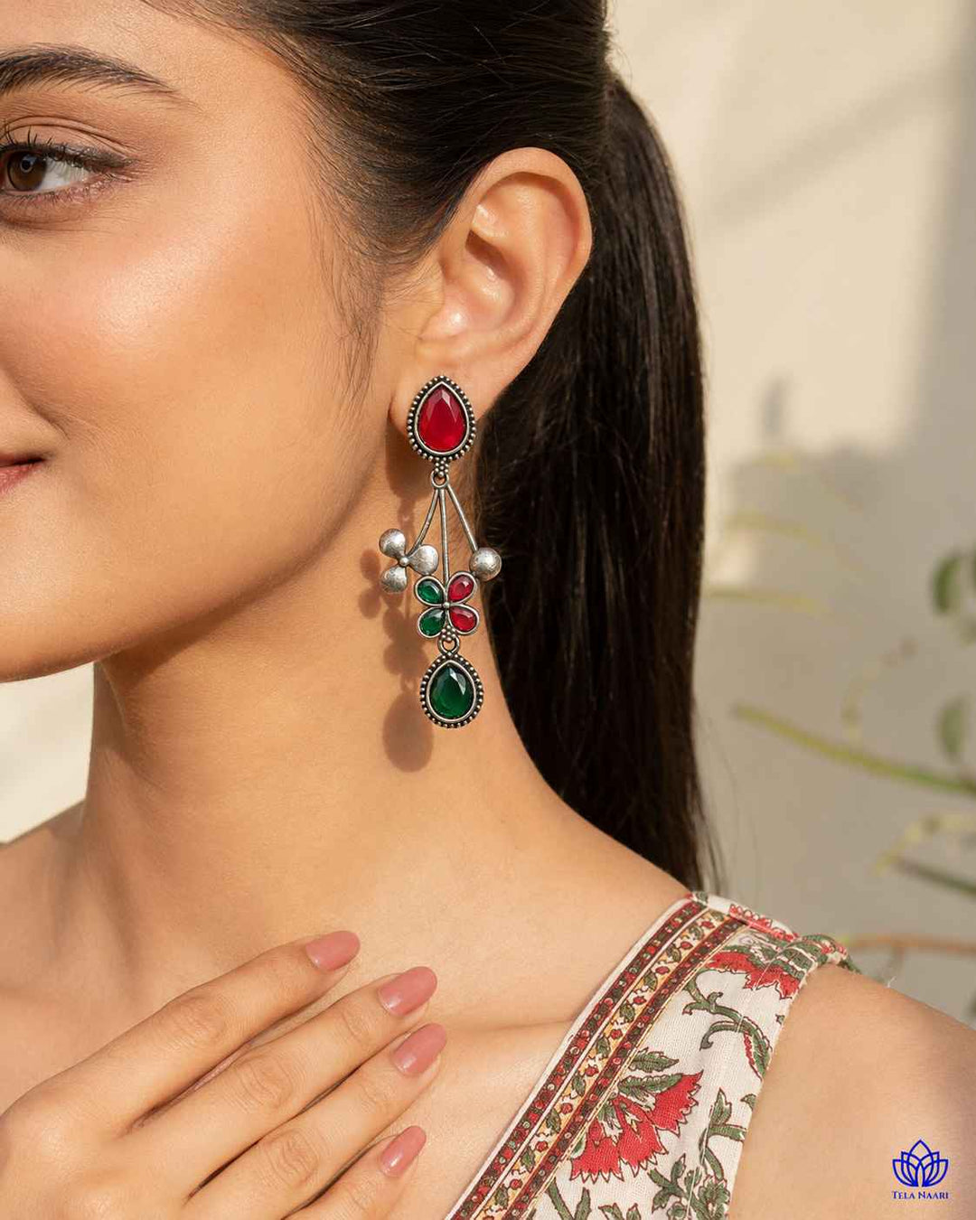 Red Green Ena Silver Oxidised Floral Drop Earrings