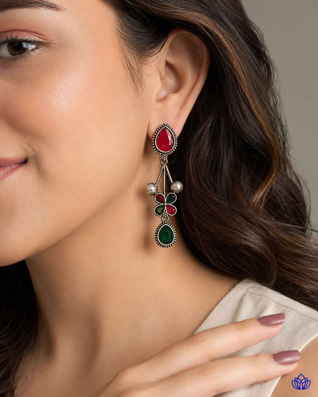 Red Green Ena Silver Oxidised Floral Drop Earrings
