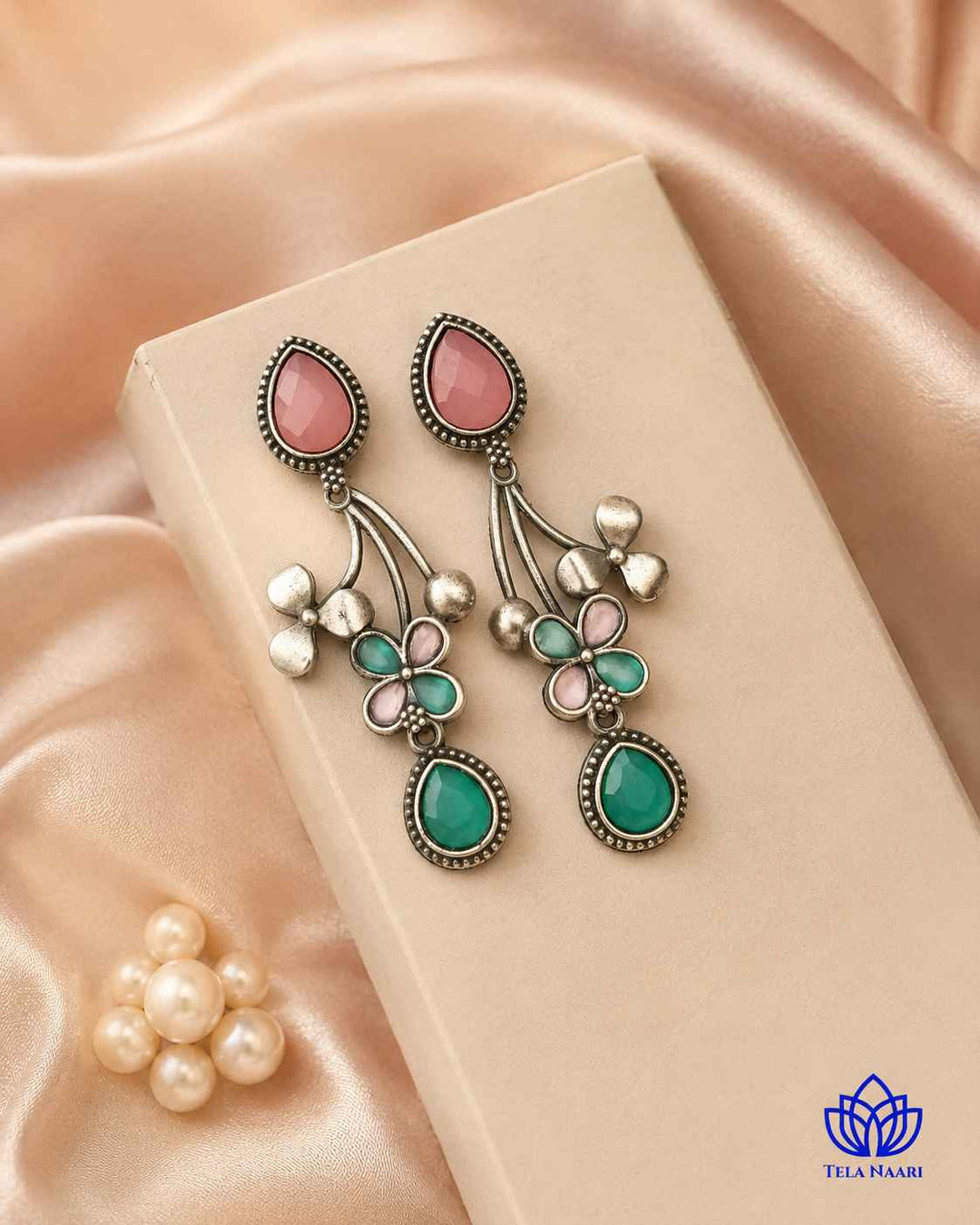 Pink Ena Silver Oxidised Floral Drop Earrings