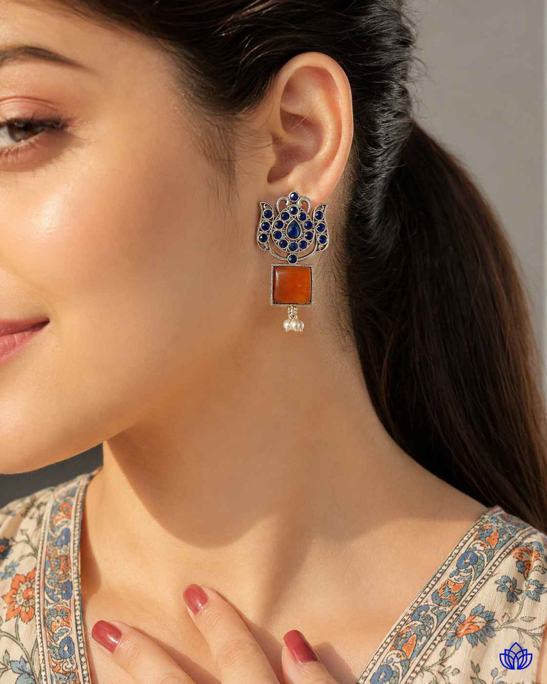 Silver Oxidised Earrings Azalea Orange