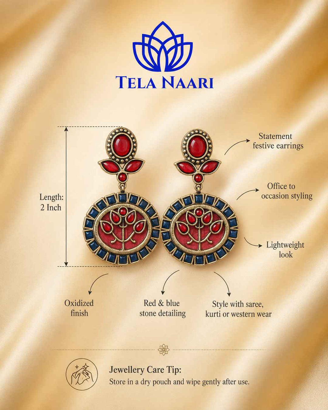 Elegant Indraja Red Blue Silver-Plated Earrings