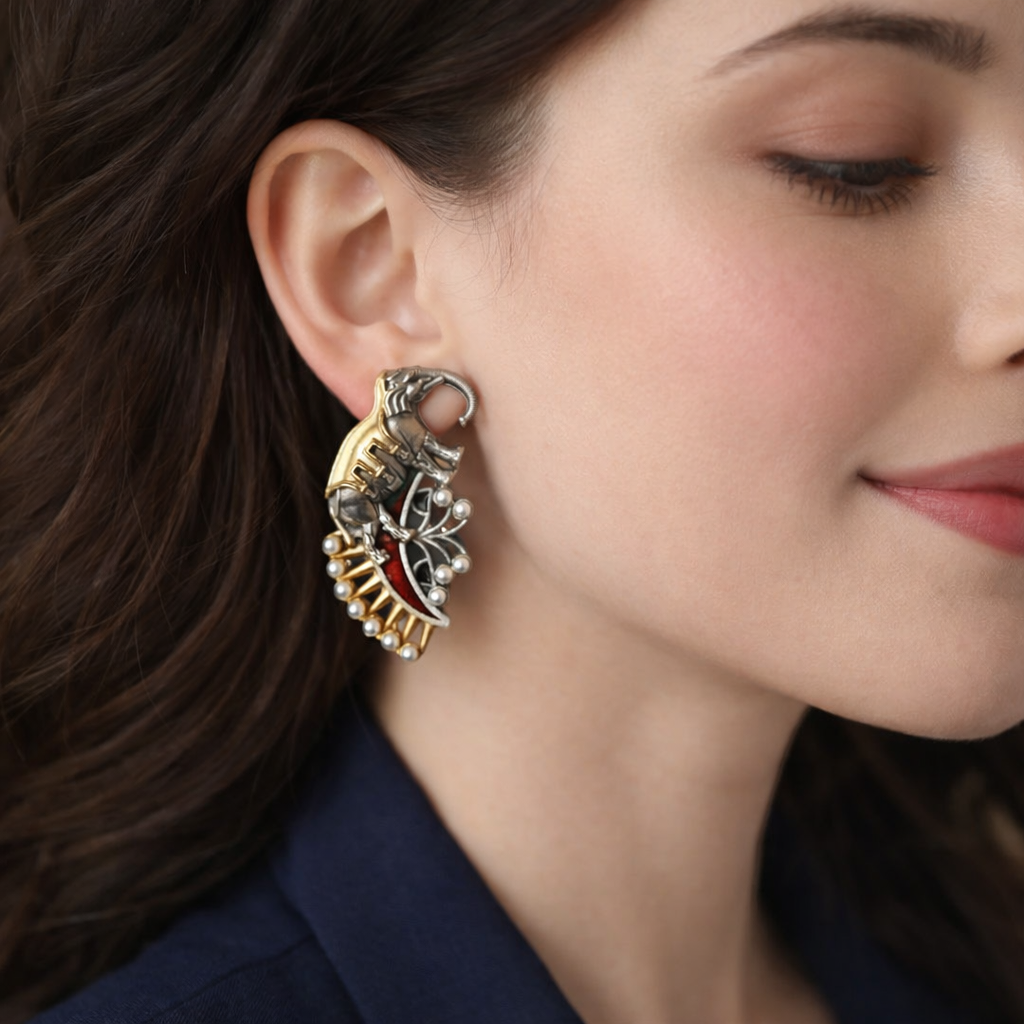 Tela Naari Elephant Motif Temple Dual Tone Earrings