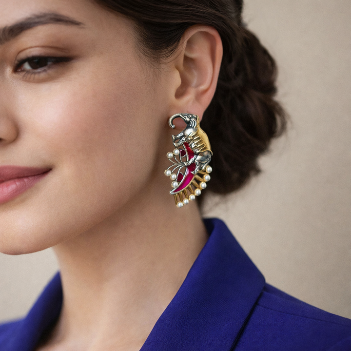 Tela Naari Elephant Motif Temple Dual Tone Earrings