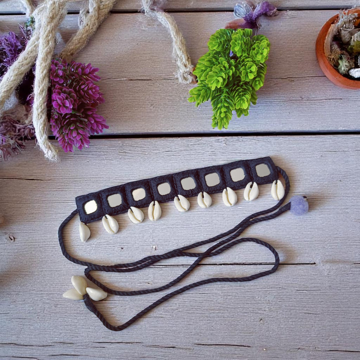 TelaNaari Handmade Shell & Mirror Choker in Black Fabric - TelaNaari