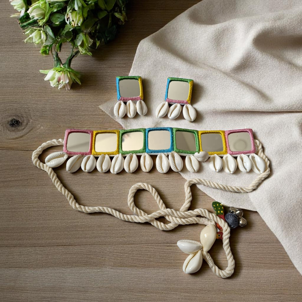 Tela Naari Handmade Colorful Cowrie Mirror Choker Set - TelaNaari