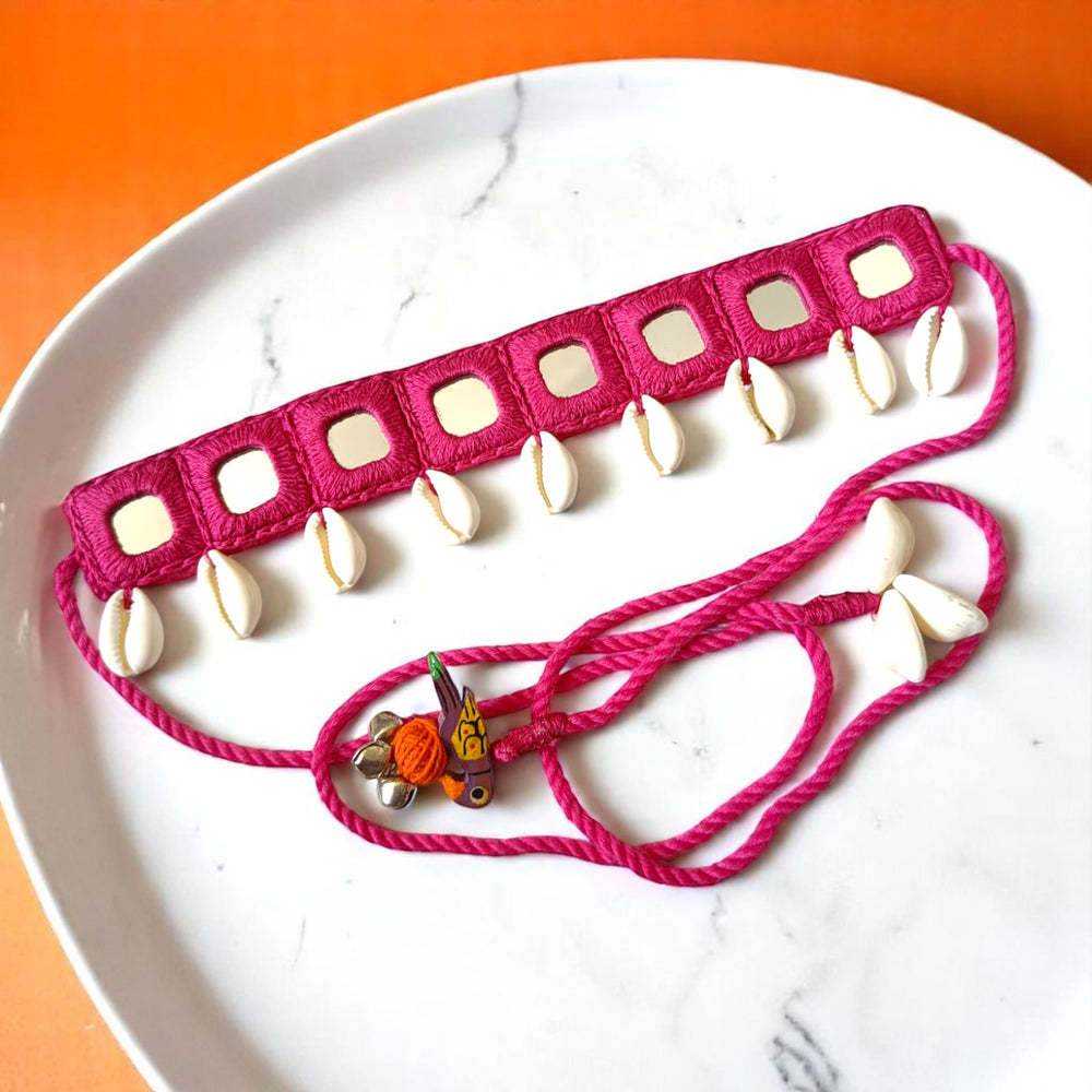 Tela Naari Pink Handmade Mirror & Shell Fabric Choker - TelaNaari
