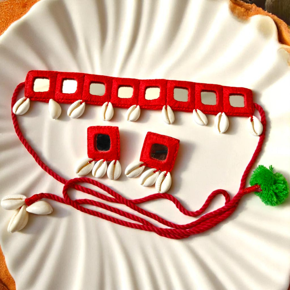 TelaNaari Red Handmade Mirror Shell Choker Set - TelaNaari