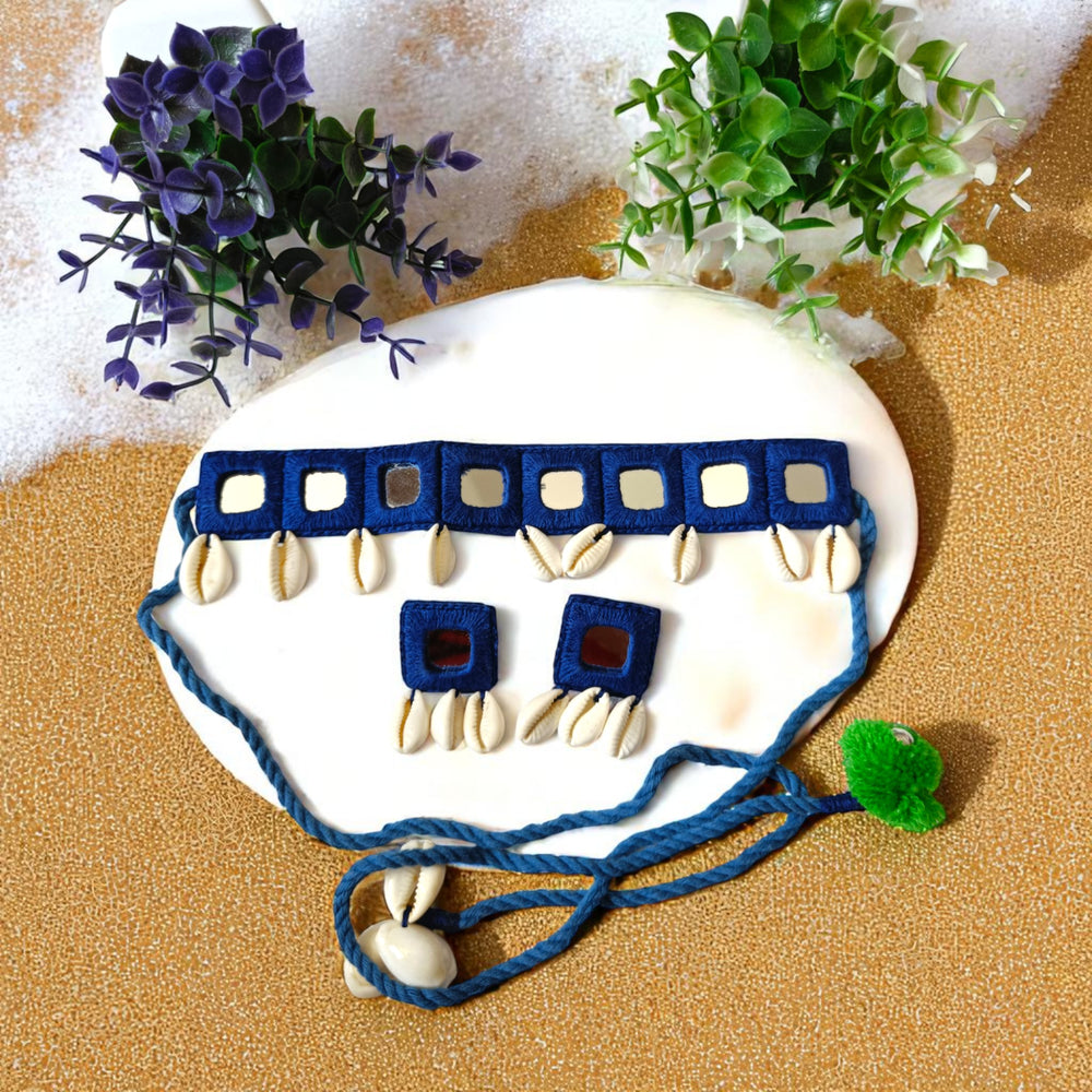 TelaNaari Handmade Mirror Shell Blue Choker - TelaNaari