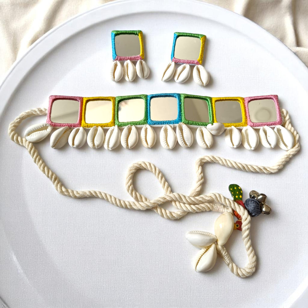 Tela Naari Handmade Colorful Cowrie Mirror Choker Set - TelaNaari